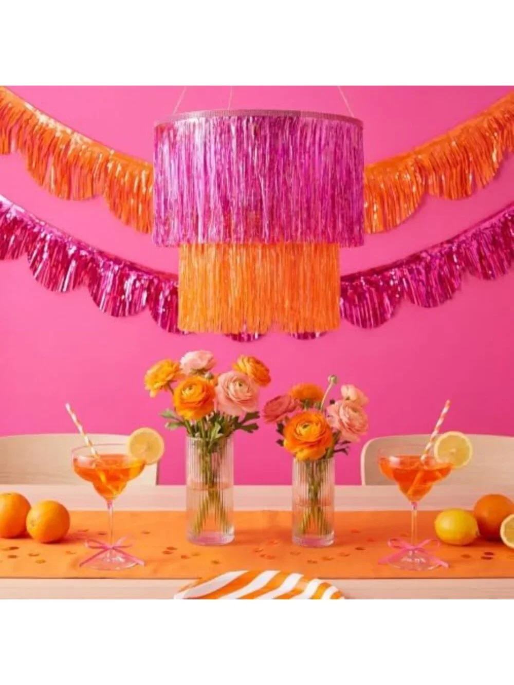 16” Pink Orange Disco Fringe Tinsel Chandelier - Vibrant Sunset Party Decor